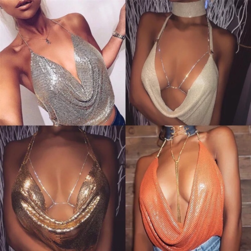 NEW festival mesh metal drape chain disco sexy top - Picture 3 of 5